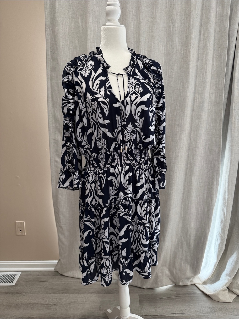 Chico's Black and White Floral Tiered Midi Dress